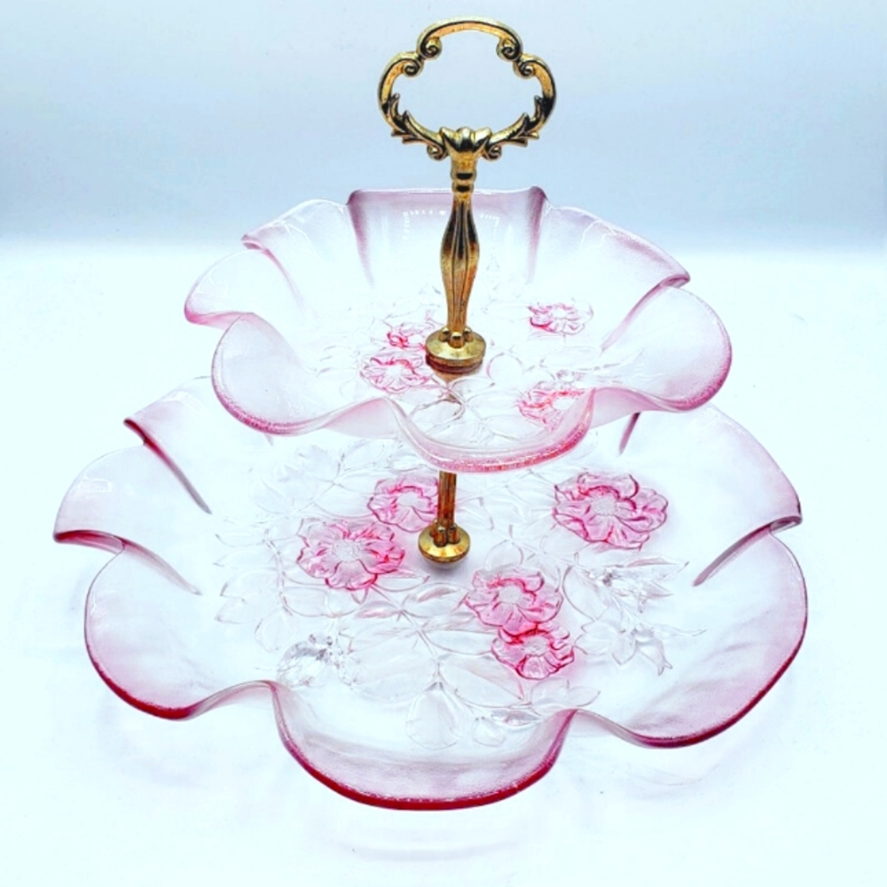 Mikasa German Crystal Roselle Two Tier Dessert/Serving Tray pink & clear